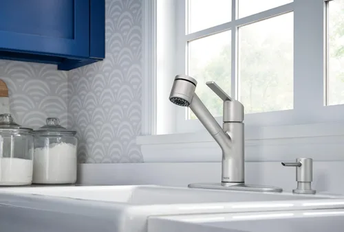 Miniatura 12 de Moen Sombra Spot Resist 87701SRS - Grifo de cocina con rociador extraíble de una sola manija de acero inoxidable con dispensador de jabón y limpieza