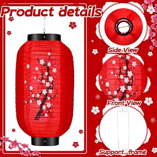 Miniatura 3 de Riakrum 12 faroles colgantes tradicionales japoneses de flores de ciruelo, faroles de papel blanco y rojo, faroles japoneses para decoración