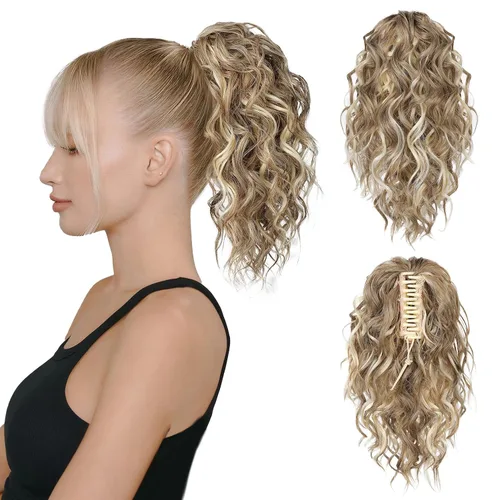 Miniatura 19 de Flufymooz Extensión de cola de caballo, extensión de cola de caballo corta de 12 pulgadas con pinza de garra, cabello ondulado rizado, clip