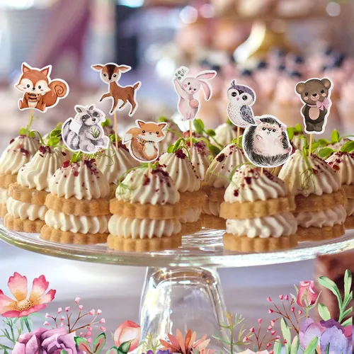 Miniatura 6 de 49 piezas de decoración de cupcakes de bosque neutro de animales del bosque para decoración de baby shower, hojas florales, suministros de fiesta