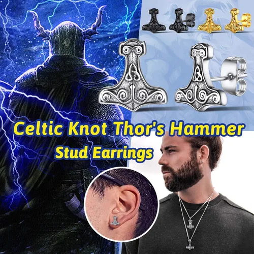 Miniatura 2 de FaithHeart Norse Vikingo Jewelry - Aretes de tuerca de plata de ley de acero inoxidable, lobo celtamartillo de Thors para mujeres y hombres, Acero