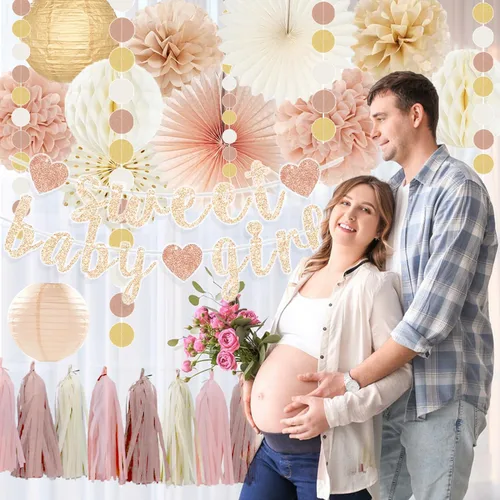 Miniatura 2 de Conjunto de decoraciones para baby shower de otoño en tonos champán-dorado y beige - Dulce cartel de Baby Girl, linternas de papel blanco