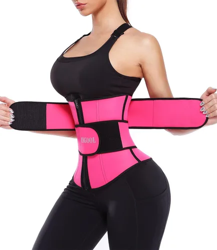 ANGOOL - Entrenador de cintura de neopreno para mujer, cinturón recortador de talla grande, cinturón para sauna, corsé con cremallera Rosa
