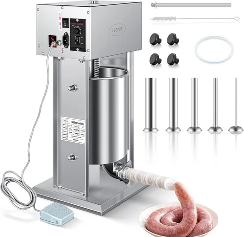 Miniatura 12 de LEEVOT - Embutidor manual de 7LBS/3L, kit profesional de acero inoxidable para hacer y rellenar salchichas con 2 velocidades, 5 tubos de relleno