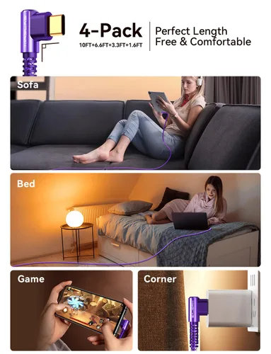 Miniatura 5 de MRGLAS Cable de carga USB C de 3.2A, [4 unidades, 10+6.6+3.3+1.6 pies] USB A a USB C en ángulo recto chapado en oro tipo C cargador de carga rápida