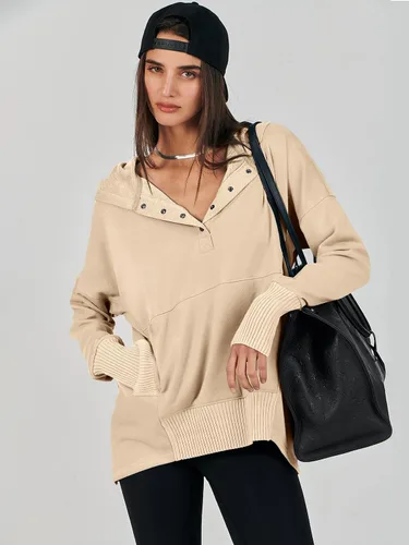 Miniatura 3 de ANRABESS Sudadera casual con botones y cuello en V para mujer, sudadera de gran tamaño con capucha y bolsillos