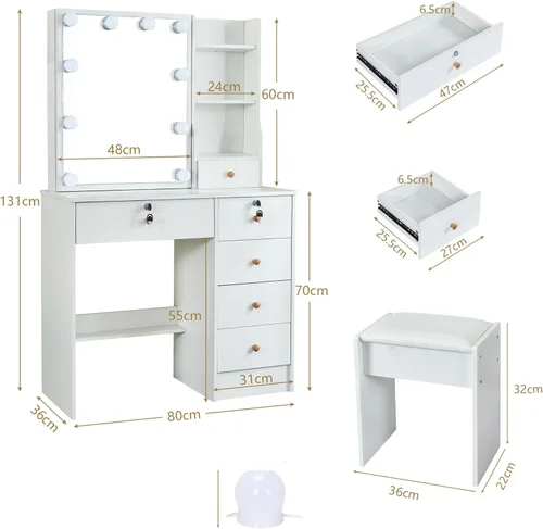 Miniatura 2 de Espejo de tocador con luces, escritorio y silla, 5 cajones y gabinete, mesa de maquillaje con espejo grande HD, 3 modos de iluminación, mesa