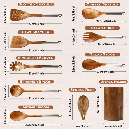 Miniatura 3 de Cucharas de madera para cocinar, 10 piezas con mango inoxidable, juego de utensilios de madera de acacia natural con soporte y soporte para cuchara