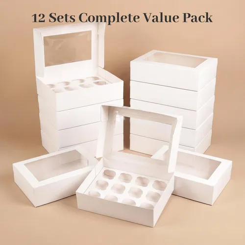 Miniatura 7 de VGOODALL 12 Cajas para Cupcakes, 12PCS Portacupcakes con Ventana Cajas Blancas de Pastelería para Cumpleaños Fiestas Navideñas Suministros