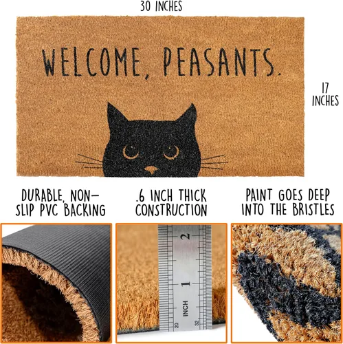 Miniatura 2 de Felpudo de bienvenida con diseño de campesinos y gatos de 30 x 17 pulgadas, divertido tapete de puerta de gato negro para áreas cubiertas, divertido