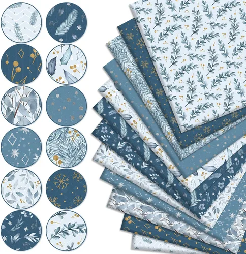 Miniatura 3 de Whaline Paquete de 12 piezas de tela de algodón blanco y azul, acuarela, Navidad, cuartos gordos de Navidad, hojas de copo de nieve blancas