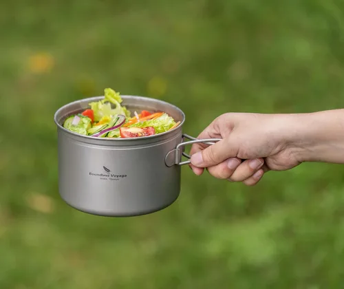 Miniatura 7 de Juego de sartenes de titanio con mango plegable para acampar al aire libre, sopa, tazón, sartén, kit de utensilios de cocina de picnic