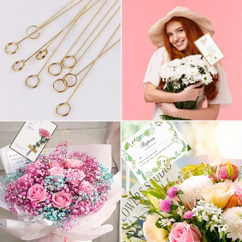 Miniatura 7 de BENBO 20 portatarjetas de alambre de metal con diseño floral, para fotos de corazón, notas y números, púas doradas, para arreglos florales, bodas