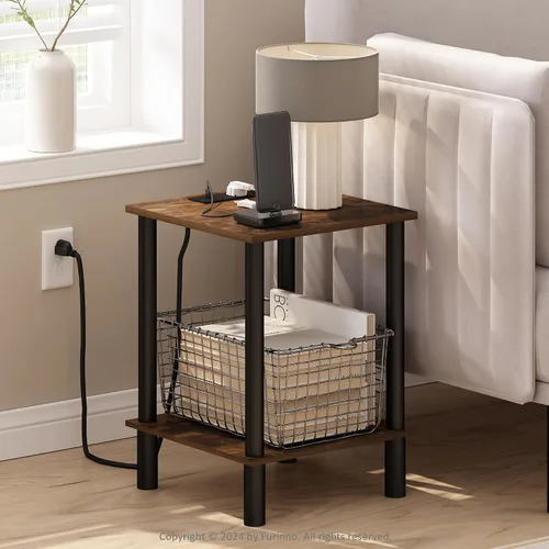 Miniatura 2 de Furinno Turn-N-Tube - Mesa auxiliar cuadrada de 2 niveles con estación de carga, mesita de noche, mesita de noche con puerto USB y tipo C, para sala