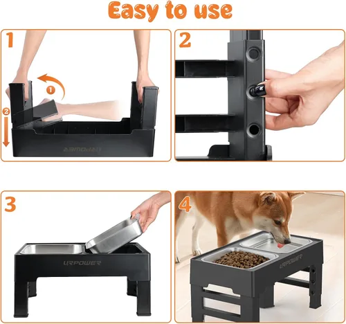 Miniatura 6 de URPOWER Cuencos elevados para perros, soporte elevado ajustable de 4 alturas con 2 cuencos grandes de acero inoxidable para alimentos y agua