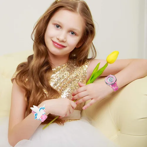 Miniatura 7 de 2 Pieces Kids Unicorn Watch Toddler Watch and Silicone Wristband Cute 3D Kids Digital Watch Waterproof 7 Color Lights Watch with Alarm Stopwatch