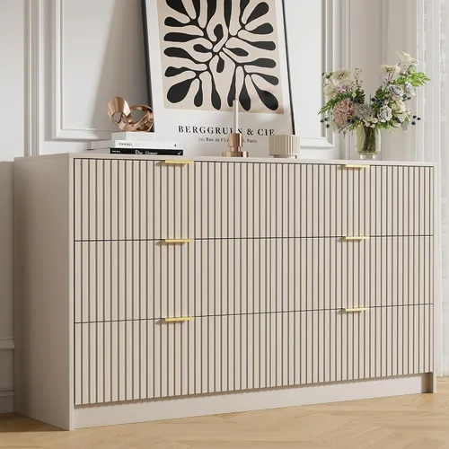 Furniway Cómoda Beige para Dormitorio, Cómoda Moderna con 6 Cajones y Deslizadores Suaves, Cómoda Ancha con Manijas Doradas para Dormitorio, Sala de