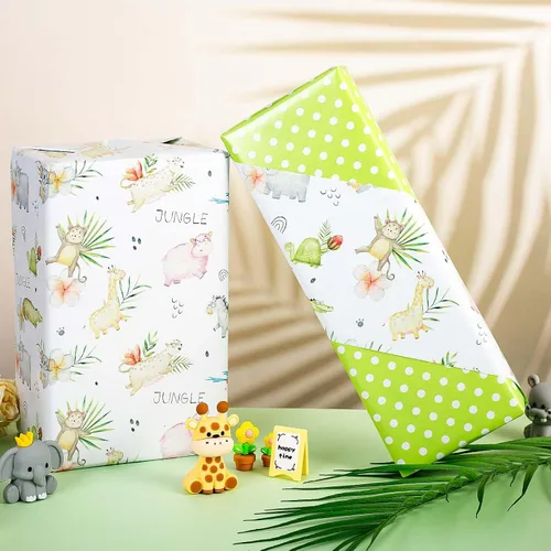Miniatura 6 de Burymento Papel de regalo de animales, diseño reversible de lunares, envoltura de regalo para baby shower, cumpleaños, San Valentín, día