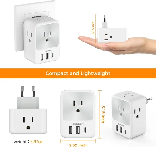 Miniatura 7 de TESSAN Europe - Adaptador de enchufe de viaje europeo, 2 unidades, adaptador de corriente internacional con 4 tomas de corriente, 3 puertos de carga