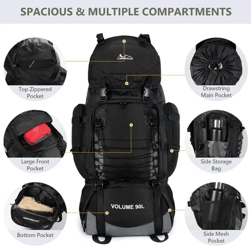Miniatura 3 de Mochila de senderismo, mochila de campamento de 90 L, resistente al agua, ligera, para deportes al aire libre, bolsa de viaje para camping, Negro