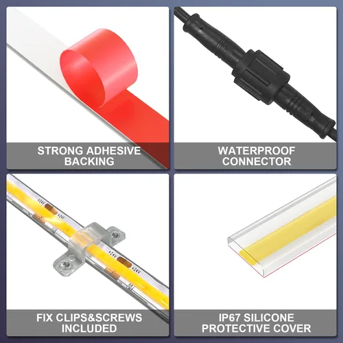Miniatura 6 de Tira LED COB de 20 pies para exteriores IP67, impermeable, 6500 K de luz fría DC24V, tiras de cuerda LED flexibles con control remoto y aplicación