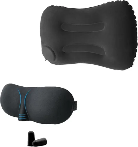 Miniatura 10 de Set de Viaje Portátil para Dormir en Avión, 2 Almohadas Inflables de Viaje, Reposapiés Tipo Hamaca, Máscara para los Ojos y Tapones para los Oídos