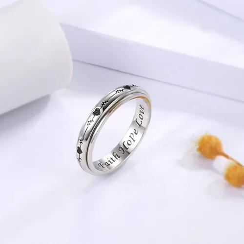 Miniatura 30 de 925 Sterling Silver Spinner Fidget Ring for Women: Musical Note Viking Rune Heartbeat Anxiety Stress Relieving Rotatable Ring Faith Hope Love