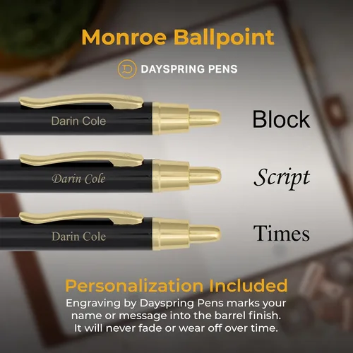 Miniatura 3 de Dayspring Pens, Monroe - Bolígrafo negro, grabado personalizado con detalles de oro de 18 quilates, acción de clic, tinta negra de punta media