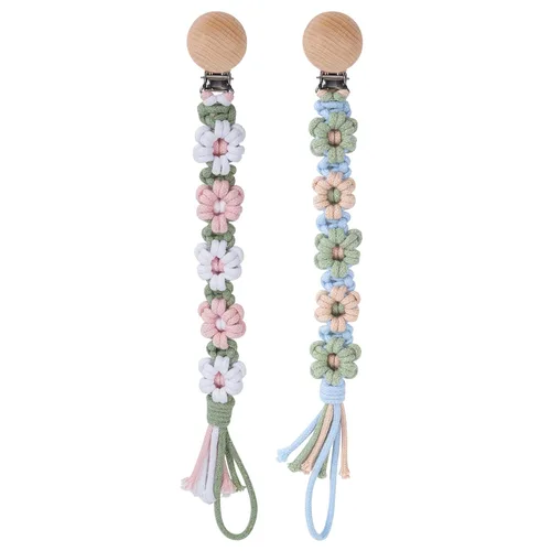 Miniatura 23 de Clip para chupete para niños y niñas, diseño de margaritas florales, macramé, clip para chupete, correa bohemia de madera hecha a mano de algodón
