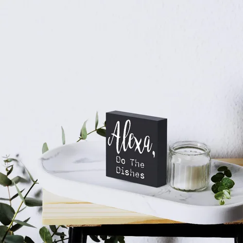 Miniatura 6 de Placa de madera graciosa para cocina, signo de caja de madera Alexa Haz los platos, signo de caja de madera de arte rústico para estante de casa