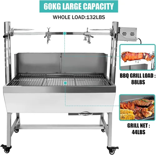 Miniatura 7 de Parrilla de asador de acero inoxidable con protector trasero, motor de 25 W, pequeño asador para cerdo y cordero, parrilla de carbón de 37'' 2 en 1