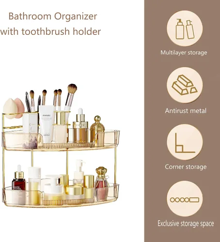 Miniatura 4 de FELIZHOUSE Organizador de maquillaje de 2 niveles para tocador y encimera de baño, estante de almacenamiento de acrílico con bandeja de perfume