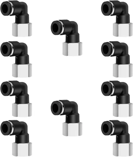 Miniatura 10 de 5 piezas de codo hembra neumático de 1/4 "tubo OD x 1/4" NPT rosca empujar para conectar accesorios de aire, 90 grados NPT hembra niquelado línea
