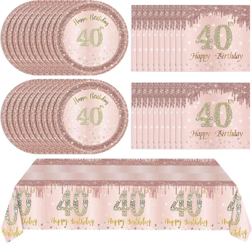 Miniatura 21 de Ryzovo - Decoraciones de cumpleaños 50 para mujer, platos de papel desechables negro y oro rosa, suministros de fiesta para 20 invitados, 41 piezas
