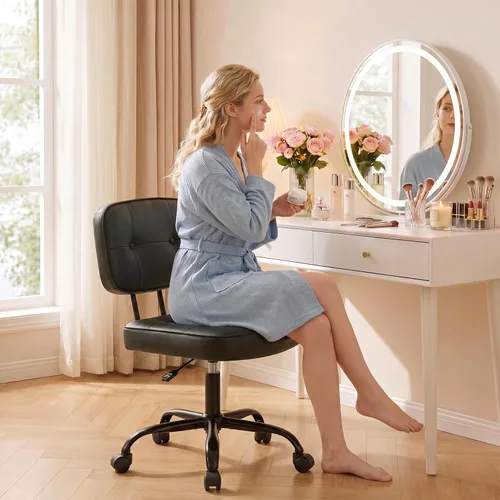 Miniatura 8 de DUMOS Silla de escritorio de oficina en casa, silla ergonómica de piel sintética sin brazos, con cómodo soporte lumbar y altura ajustable, tocador