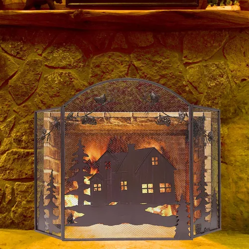 Miniatura 7 de BestGiftEver Pantalla decorativa para chimenea de 3 paneles con diseño de cono de pino de cabaña de casa, cubierta de chimenea, pantalla de malla