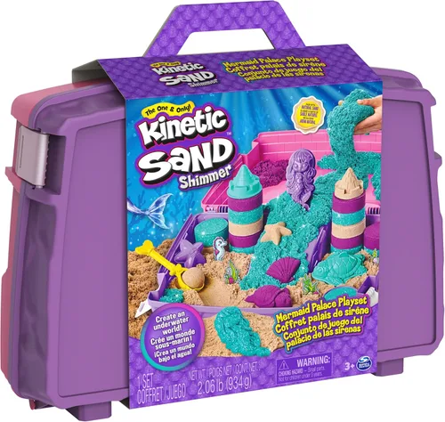 Miniatura 9 de Kinetic Sand, Juego de palacio de sirena con caja de arena plegable de 0,93 kg de arena de juego (morado neón, verde azulado brillante y playa)