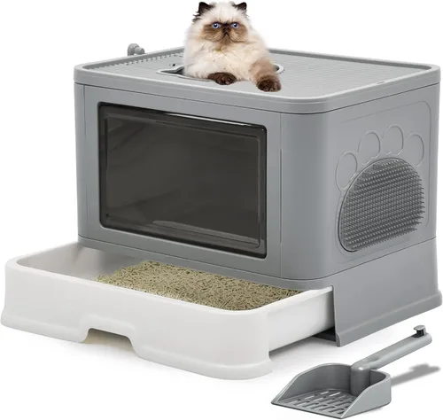 YITAHOME Caja de arena grande cerrada para gatos con cubierta de tapa, inodoro con capucha para gatos sin olor con cuchara de arena, filtro Gris