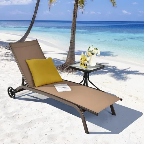 Miniatura 7 de Giantex Sillas de patio para zona de piscina, tumbona para exteriores con 6 posiciones ajustables, ruedas lisas y tela de secado rápido, sillón