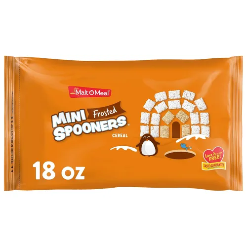 Malt-O-Meal Frosted Mini Spooners Cereal de desayuno de grano entero, cereal de trigo desmenuzado glaseado crujiente, cereal grande para la familia,