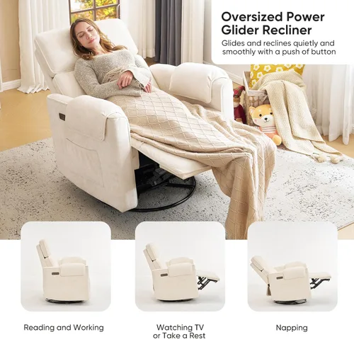 Miniatura 7 de Silla reclinable eléctrica extragrande, sillón basculante giratorio de 26" extra ancho con reposacabezas ajustable, silla mecedora de chenilla