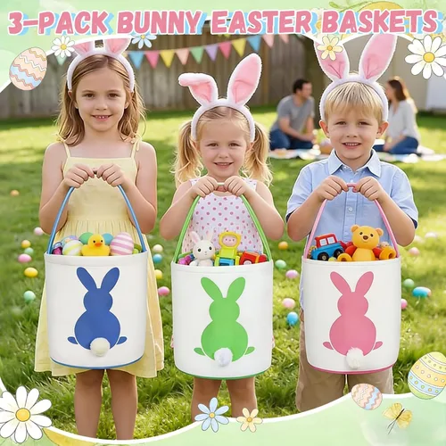 Miniatura 4 de 3 unidades de cesta de caza de huevos de Pascua para niños, cesta de conejo, bolsas de huevo, conejo, colas esponjosas, fiesta, celebrar