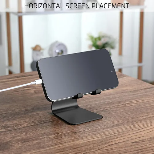 Miniatura 5 de Soporte plegable negro para teléfono celular de aleación de aluminio, soporte de teléfono de metal de mesa con ángulo ajustable por eje giratorio