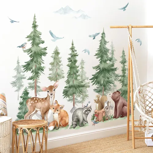 Wondever Adhesivos de pared de árbol de montaña, árbol grande de pino, pegatinas de pared de arte con animales del bosque, oso, zorro, quitar y