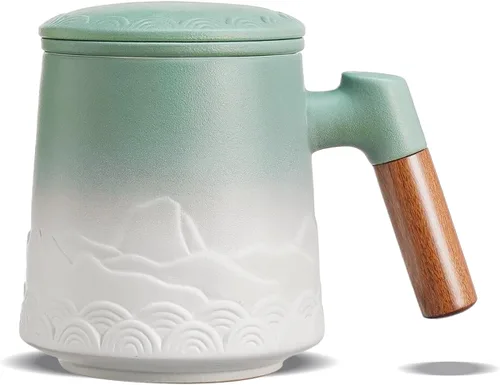 Miniatura 16 de ZENS Taza de Té de Cerámica en Relieve con Infusor y Tapa, 14.5 oz, Asa de Madera, Tazas Infusoras de Té de Hojas Sueltas y Colador para Regalos