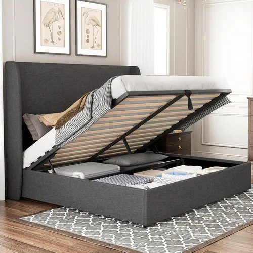 Jocisland - Base de cama tamaño Queen con plataforma de almacenamiento abatible, tapizada en lino, con cabecera abatible moderna/almacenamiento