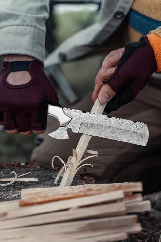 Miniatura 4 de 8" Cuchillo de corte de toro de Damasco hecho a mano con funda de cuero - Cuchillo de vaquero occidental para caza, despellejado, acampada y Rojo