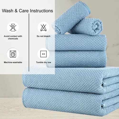 Miniatura 4 de CASA COPENHAGEN Juego de 6 toallas de palomitas de maíz, color azul polvoriento, 21.16 oz/m², 2 toallas de baño, 2 toallas de mano y 2 toallas