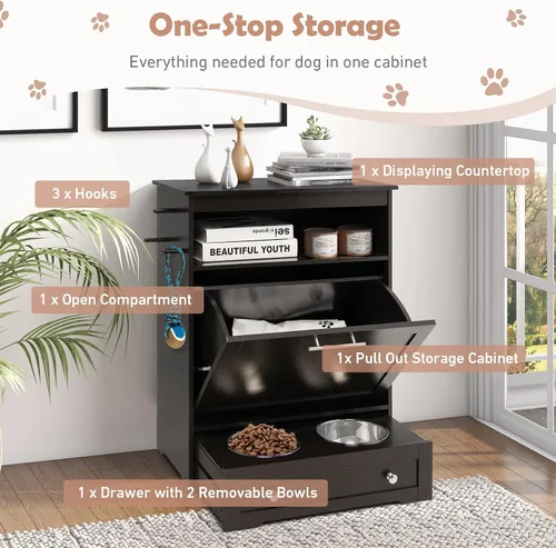 Miniatura 3 de Estación de Alimentación Gabinete de Comida para Perros con 2 Cuencos Elevados, Cuenco Elevado Extraíble para Perros, Almacenamiento, 3 Ganchos