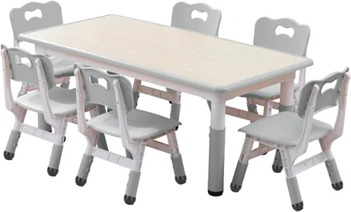 Miniatura 9 de Juego de mesa y sillas para niños, escritorio ajustable en altura con 6 asientos para edades de 3 a 12 años, mesa de arte y manualidades, escritorio